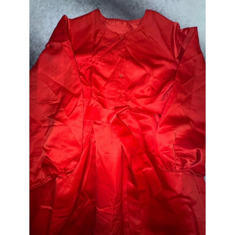 Red Satin Lantern Sleeve Midi Dress‎ XL Button Front Belted A-Line Formal Party